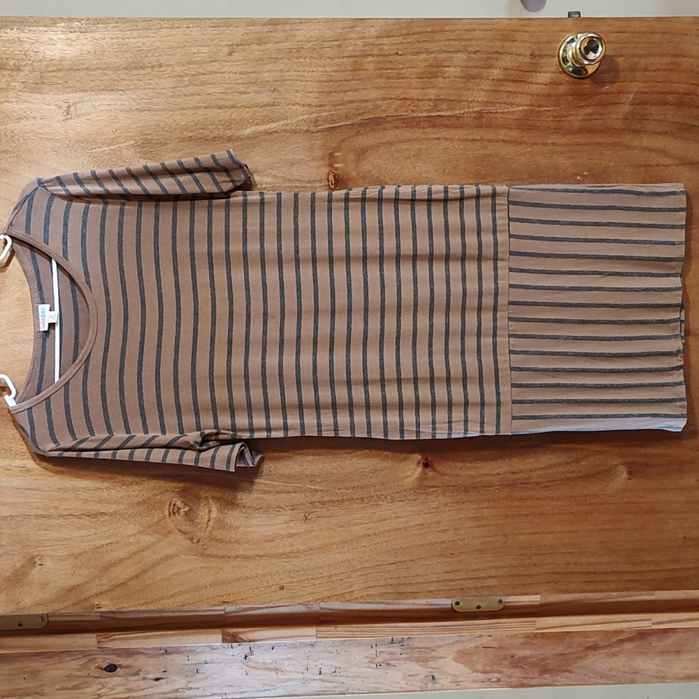 LuLaRoe Julia Drop Waist Dress Tan Gray Stripe Rayon Jersey Knit Stretchy M